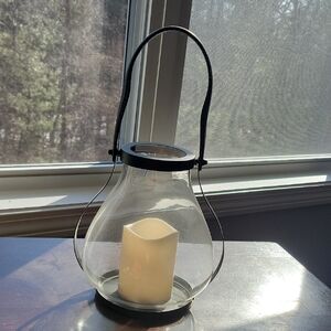 Glass Lantern with Black Metal Handle and Cream LED Candle